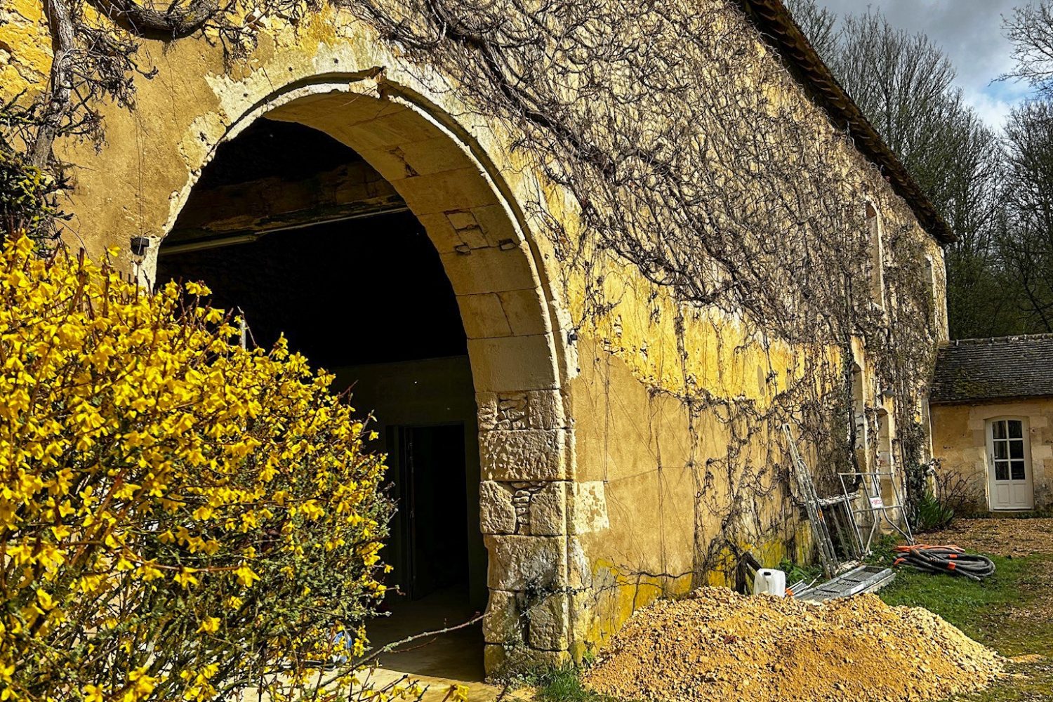 Photo d'une grange extérieure avec arche et vignes en rénovation
